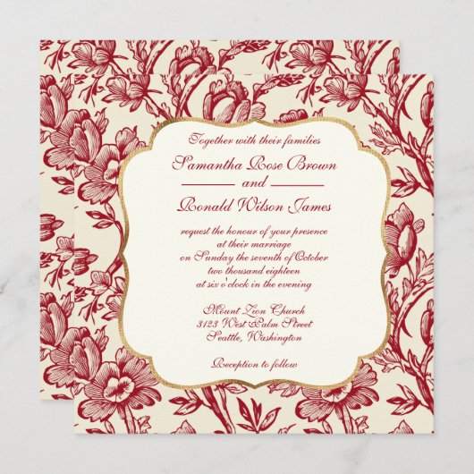 赤とクリームチューリップフランスのカントリーデコー結婚ス 招待状 (正面/裏面)