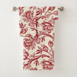 赤とクリームチューリップToile - フランスの Country Decor バスタオルセット
