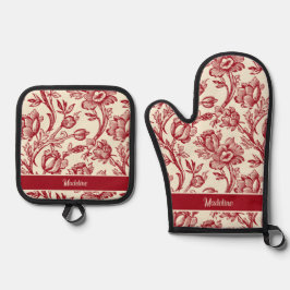 赤とクリームチューリップToile - フランスの Country Decor 鍋つかみ&鍋敷きセット