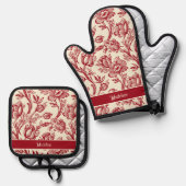 赤とクリームチューリップToile - フランスの Country Decor 鍋つかみ&鍋敷きセット (正面/裏面)