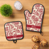 赤とクリームチューリップToile - フランスの Country Decor 鍋つかみ&鍋敷きセット (トップダウン)