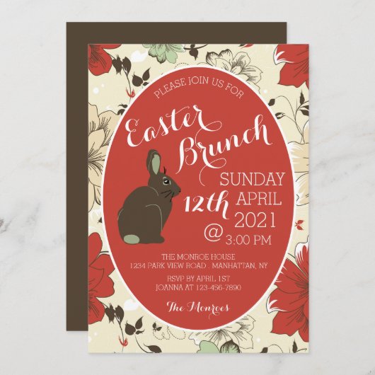 赤とクリームフローラバニーイースターエッグ、イースターブランチ 案内状 (正面/裏面)