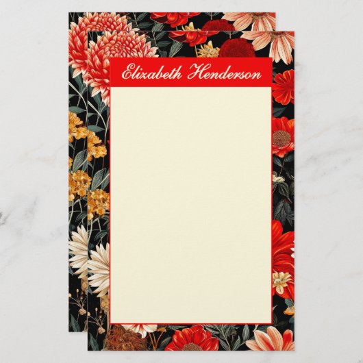 赤とクリームフローラ5.5x8.5縦置き文房具 便箋 (正面/裏面)