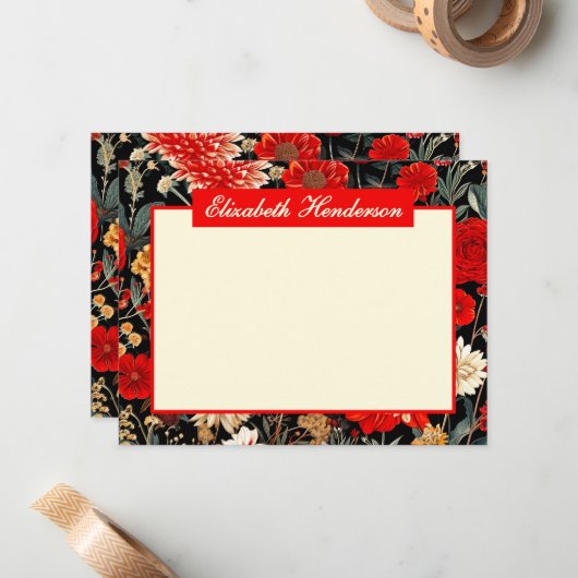 赤とクリームフローラA6横置き文房具カード ノートカード (正面/裏面インサイチュ)