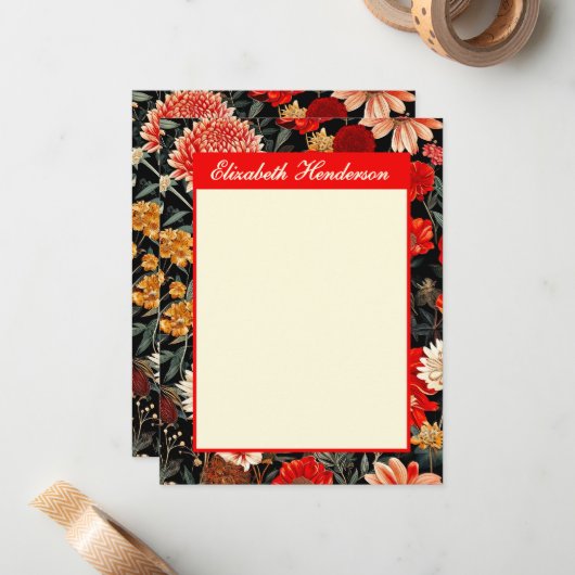 赤とクリームフローラA6縦文具カード ノートカード (正面/裏面インサイチュ)