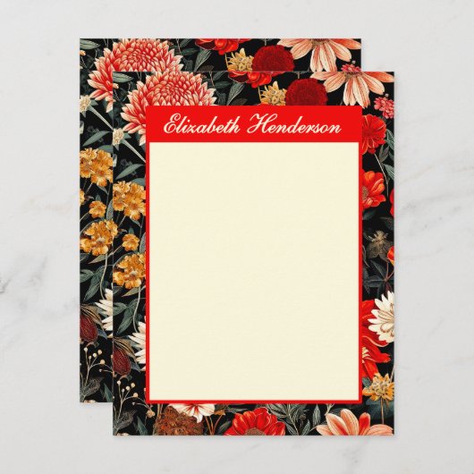 赤とクリームフローラA6縦文具カード ノートカード (正面/裏面)