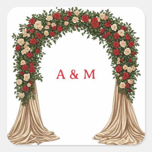 赤とクリーム色のバラの結婚式アーチステッカー 🌹 スクエアシール (正面)