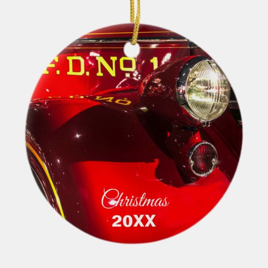 赤とクロームのヴィンテージ消防車 セラミックオーナメント (正面)