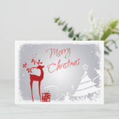 赤とグレーのメリークリスマスツリー&鹿のフォトカード シーズンカード (スタンド正面)