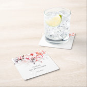 赤とグレーの水彩花のブライダルシャワー スクエアペーパーコースター (インサイチュ)