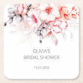 赤とグレーの水彩花のブライダルシャワー スクエアペーパーコースター (正面)