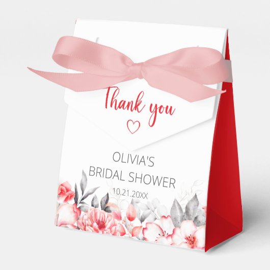 赤とグレーの水彩花のブライダルシャワー フェイバーボックス (正面サイド)