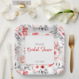 赤とグレーの水彩花のブライダルシャワー ペーパープレート