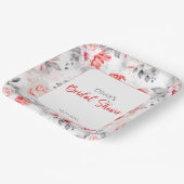 赤とグレーの水彩花のブライダルシャワー ペーパープレート (傾斜あり)