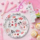 赤とグレーの水彩花のブライダルシャワー ペーパープレート (パーティー)