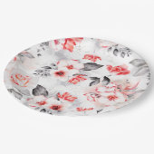 赤とグレーの水彩花のブライダルシャワー ペーパープレート (アングル)
