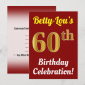 赤とゴールド調の60歳の誕生日パーティー招待状 + 名前 招待状 (正面/裏面)