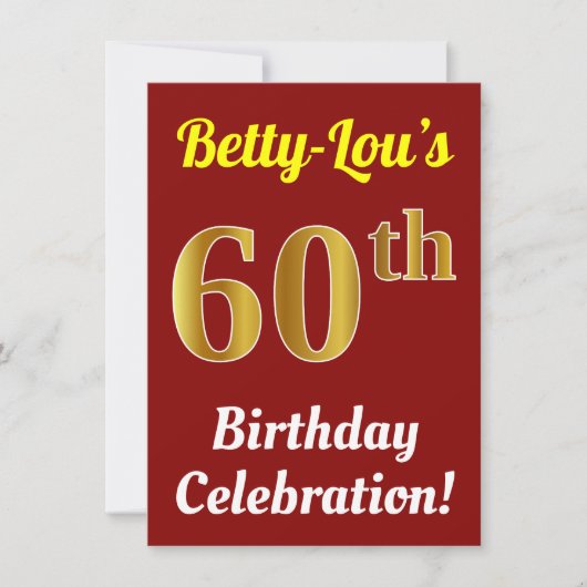 赤とゴールド調の60歳の誕生日パーティー招待状 + 名前 招待状 (正面)