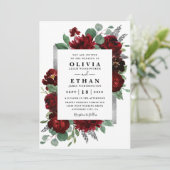 赤とシルバーのカントリー バーガンディ ローズ ウィンター ウェディング 招待状 (スタンド正面)