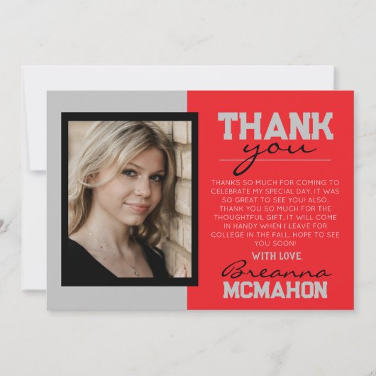 赤とシルバーの卒業写真感謝カード 招待状 (正面)