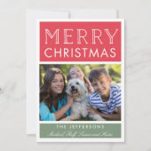 赤とシンプル緑のブロック写真クリスマスカード 招待状 (正面)