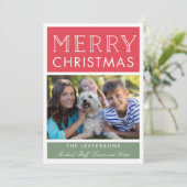 赤とシンプル緑のブロック写真クリスマスカード 招待状 (スタンド正面)