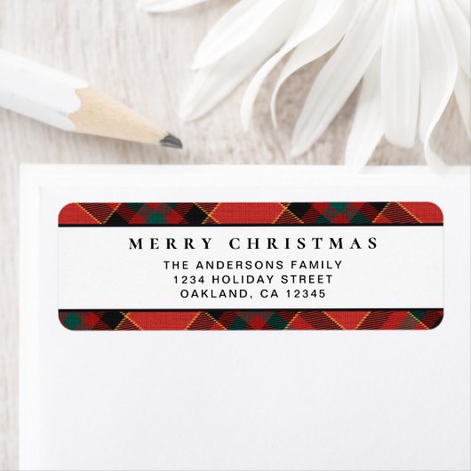 赤とシンプル緑の格子模様の聖降誕祭ミニマル ラベル (インサイチュ)