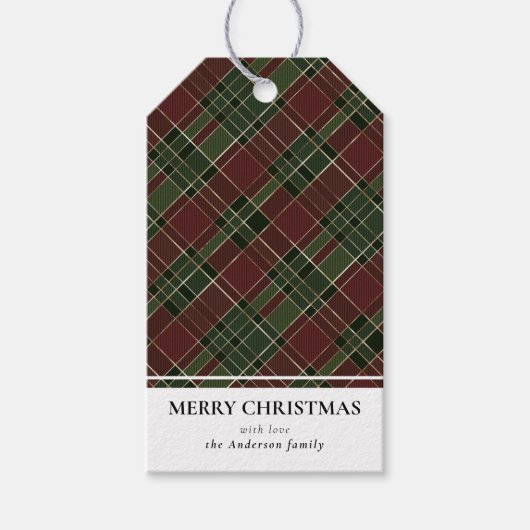 赤とシンプル緑の格子模様の聖降誕祭モダン ギフトタグ (正面)