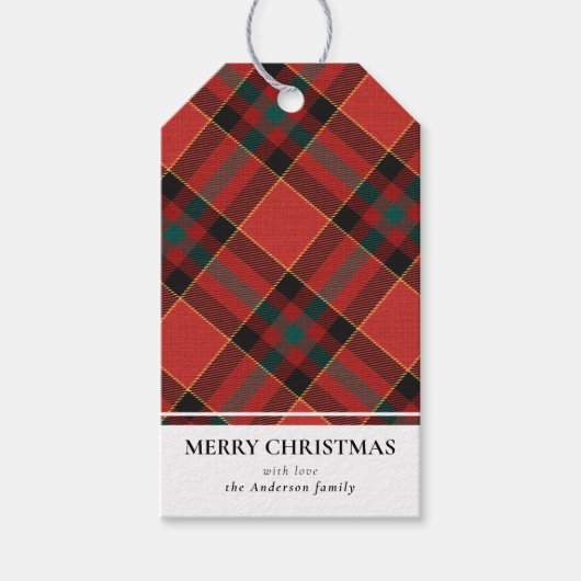 赤とシンプル緑の格子模様の聖降誕祭モダン ギフトタグ (正面)