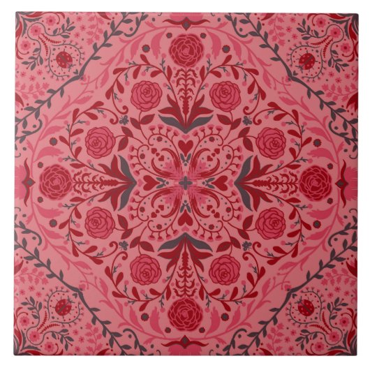 赤とスイカのピンクのフローラタイル タイル (正面)