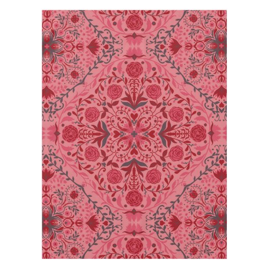 赤とスイカのピンクのフローラタイル テーブルクロス (正面)