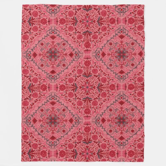 赤とスイカのピンクのフローラタイル フリースブランケット (正面)