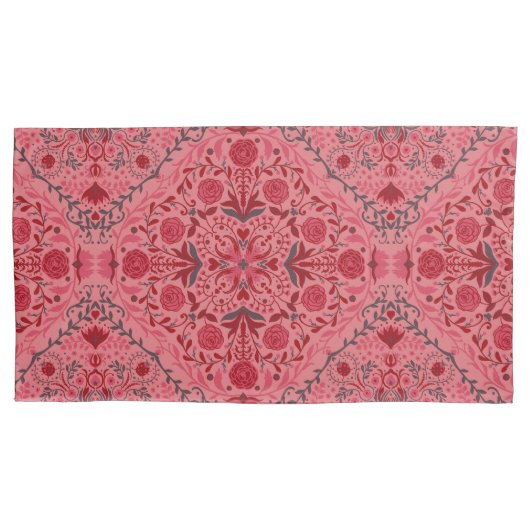 赤とスイカのピンクのフローラタイル 枕カバー (正面左)