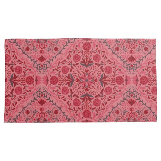 赤とスイカのピンクのフローラタイル 枕カバー (正面右)