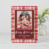 赤とタンの格子模様の写真クリスマス シーズンカード (スタンド正面)