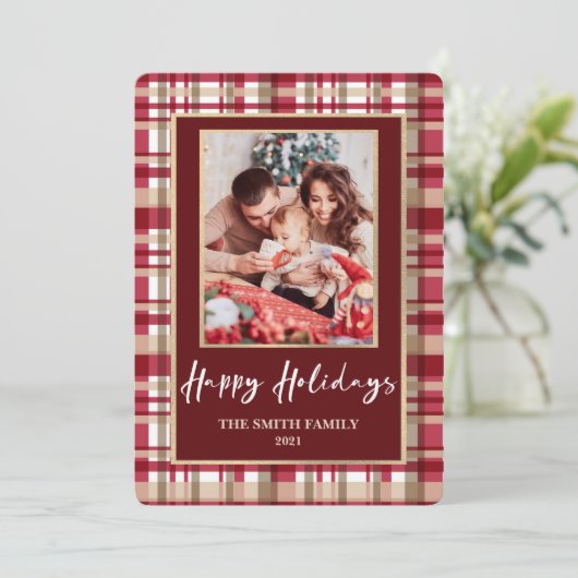 赤とタンの格子模様の写真クリスマス シーズンカード (スタンド正面)