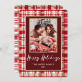 赤とタンの格子模様の写真クリスマス シーズンカード (正面/裏面)