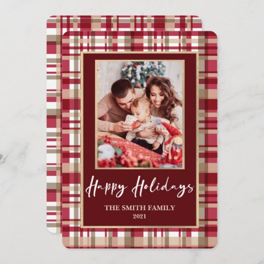 赤とタンの格子模様の写真クリスマス シーズンカード (正面/裏面)