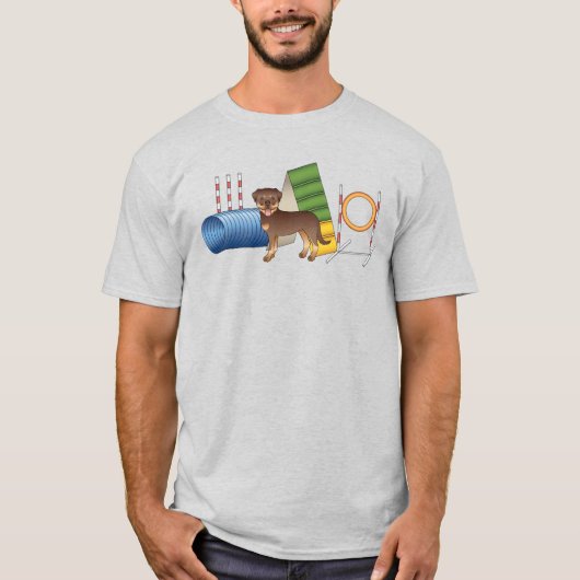 赤とタン色のロットワイラーとアジリティ用品 Tシャツ (正面)