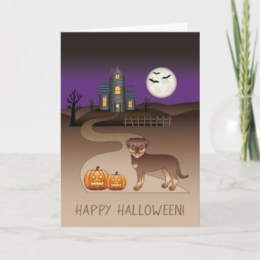 赤とタン色のロットワイラー・ハロウィンお化け屋敷 カード (正面)