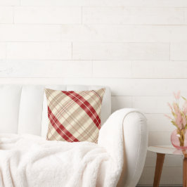 赤とタン ベージュのチェック柄 タータン 対角 クッション
