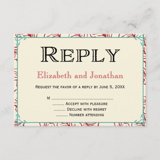 赤とターコイズのラスティックウェディング返信カード 出欠カード (正面)