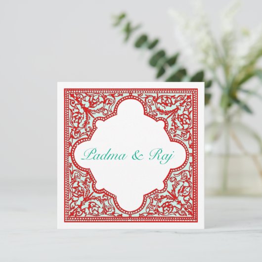 赤とターコイズのヴィンテージフレーム結婚式招待状 招待状 (スタンド正面)