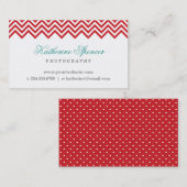 赤とターコイズモダンのシェブロンと水玉模様 名刺 (正面/裏面)