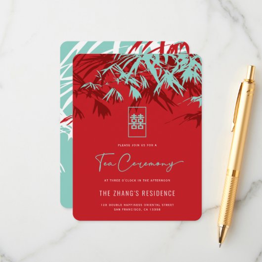 赤とターコイズ竹葉の中国の茶の湯 エンクロージャーカード (正面/裏面インサイチュ)