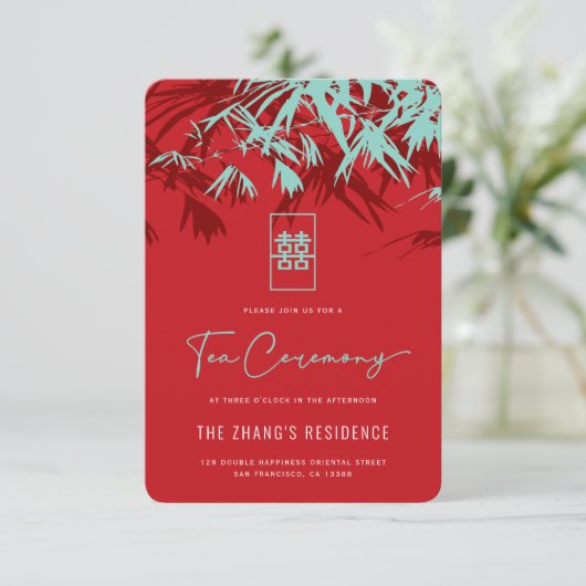 赤とターコイズ竹葉の中国の茶の湯 エンクロージャーカード (スタンド正面)
