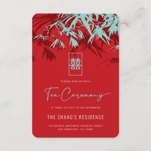赤とターコイズ竹葉の中国の茶の湯 エンクロージャーカード (正面)