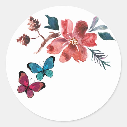 赤とターコイズ蝶と花 ラウンドシール (正面)