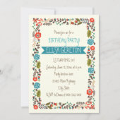 赤とティール（緑がかった色）のフローラ縁ど女生誕会 招待状 (正面)