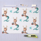 赤とティール（緑がかった色）の人魚トナカイと星のクリスマス 薄葉紙 (クラフト)